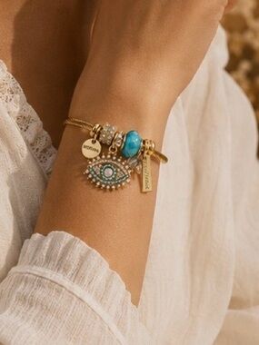 Evil Eye Charm Bracelet | Gold Boho Bangle | Turquoise Statement Jewelry